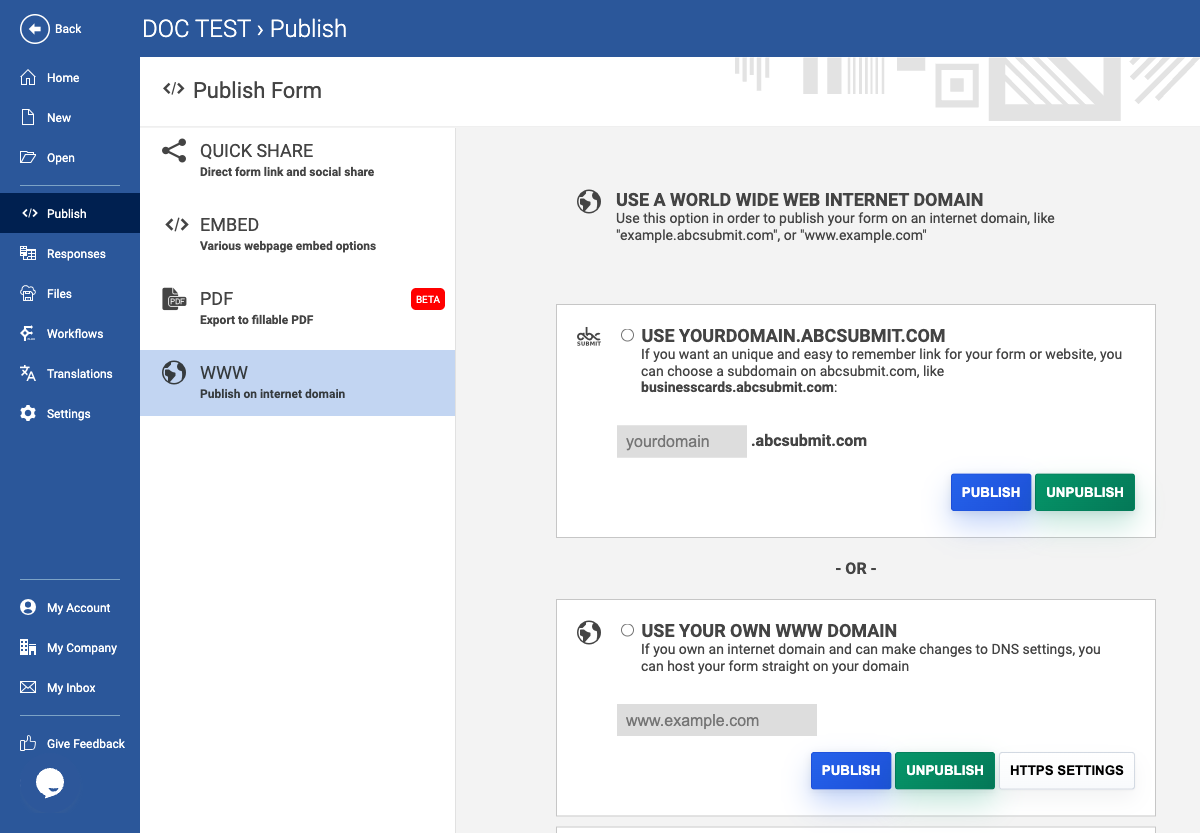 Live WWW/domain publishing controls.